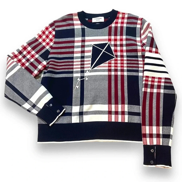 Thom Browne Plaid Kite Sweater 100% Cotton Sz OS Navy/Red - Picture 1 of 10